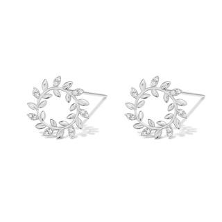 گوشواره طلا 18 عیار مدل دایره برگ زیتون نگینی سفید