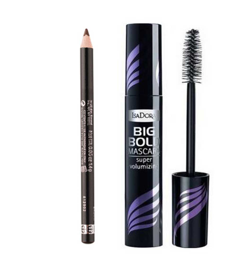 پک مداد ابرو حرفه ای مدل 001 Dark Brown ریمل لاندن و ریمل حجم دهنده Big Bold ایزادورا نمای ۲