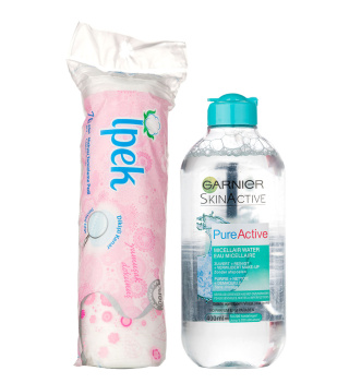 پک پد آرایش پاک کن 70 عددی ایپک به همراه میسلار واتر pure active حجم 400 میل گارنیر