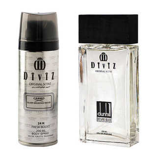 پک هدیه روز مرد 2 عددی شامل اسپری بدن مدل Creed Silver Mountain Water و ادوپرفیوم مدل Dunhill Desire Blue دیوایز