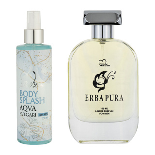 پک هدیه روز مرد 2 عددی شامل بادی اسپلش مدل Aqva Bvlgari و ادوپرفیوم مدل Erba Pura هات لاو