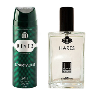 پک هدیه روز مرد 2 عددی شامل اسپری بدن مدل Spartacus و ادوپرفیوم مدل Dunhill Desire Blue حارث