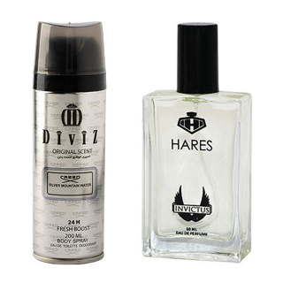 پک هدیه روز مرد 2 تایی شامل اسپری بدن مدل Creed Silver Mountain Water و ادوپرفیوم مدل Invictus حارث