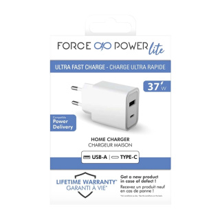 شارژر دیواری فورس مدل 37 وات شارژ سریع با دو پورت USB C و USB A - 01