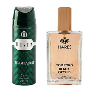 پک هدیه روز مرد 2 عددی شامل اسپری بدن مدل Spartacus و ادوپرفیوم مدل Tom Ford Black Orchid حارث