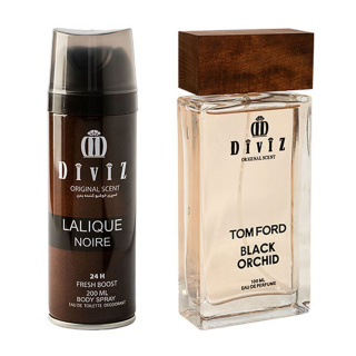 پک هدیه 2 عددی دیوایز شامل اسپری بدن مدل Lalique Noire و ادوپرفیوم مدل Tom Ford Black Orchid