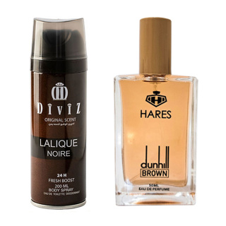 پک هدیه 2 عددی شامل اسپری بدن دیوایز مدل Lalique Noire و ادوپرفیوم حارث مدل Dunhill Brown