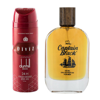 پک هدیه روز مرد 2 عددی شامل اسپری بدن مدل Dunhill Brown و ادوپرفیوم مدل Captain Black هات لاو