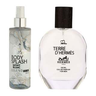 پک هدیه روز مرد 2 عددی شامل بادی اسپلش مدل Mont Blanc Legend و ادوپرفیوم مدل Terre D Hermes هات لاو