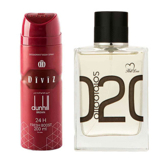 پک هدیه روز مرد 2 عددی شامل اسپری بدن دیوایز مدل Dunhill Brown و ادوپرفیوم هات لاو مدل Molecule 02