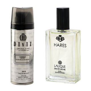 پک هدیه روز مرد 2 عددی شامل اسپری بدن مدل Creed Silver Mountain Water و ادوپرفیوم مدل Lalique Encre Noire حارث
