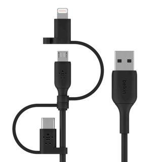 کابل شارژ سریع 1 به 3 USB-A به لایتنینگ USB-C و Micro-USB بلکین مدل CAC001bt1MBK طول 1متر