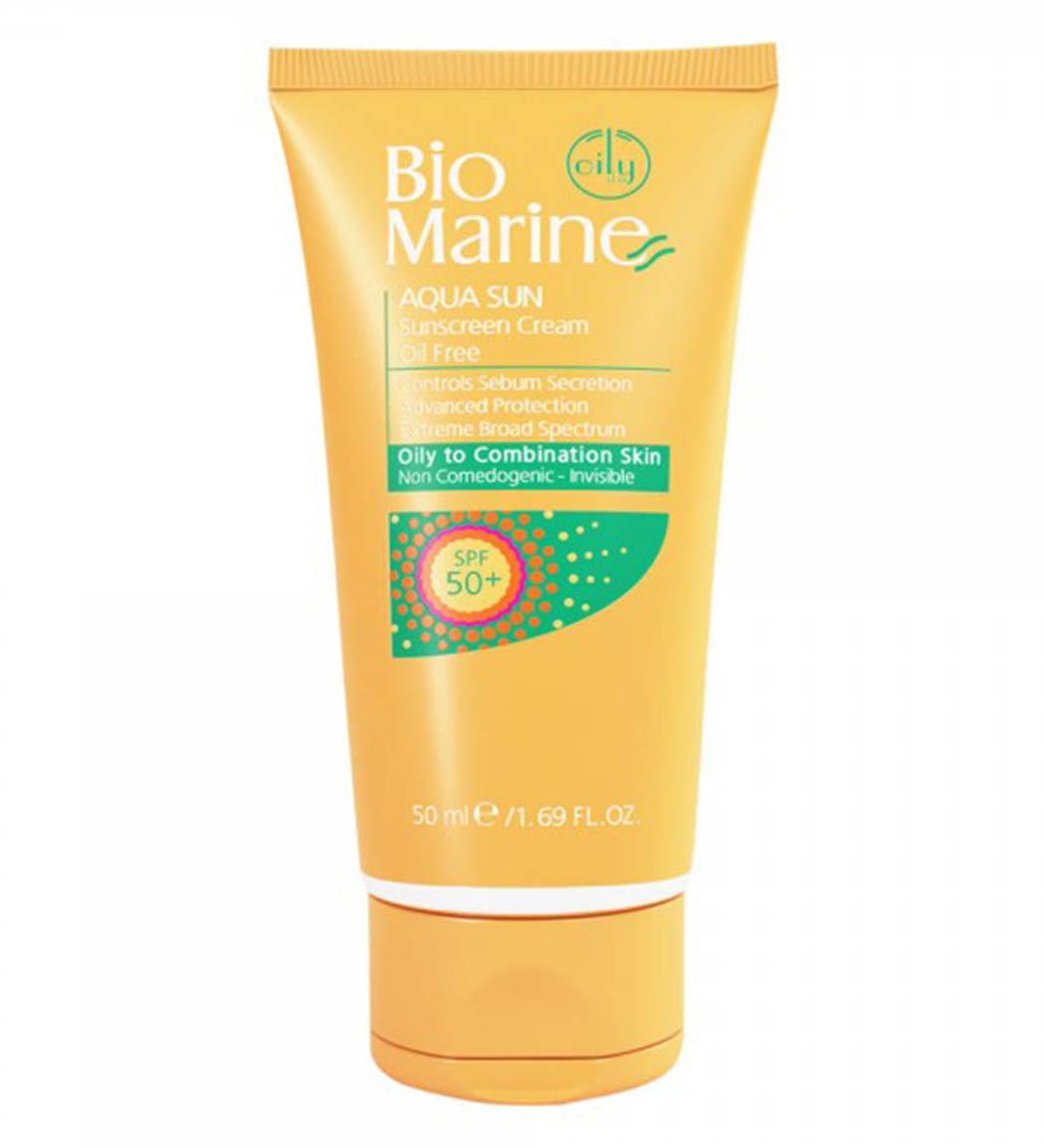 خرید کرم ضد آفتاب بی رنگ بایو مارین با SPF50 مناسب پوست چرب و جوش دار