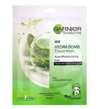 ماسک ورقه ای آبرسان و مرطوب کننده گارنیر مدل Hydra Bomb حاوی آلوئه ورا و هیالورونیک اسید بسته تک عددی