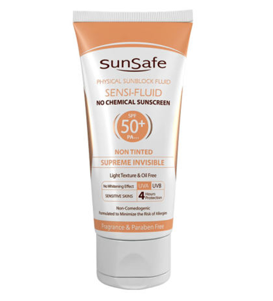 ضد آفتاب فلوئیدی فاقد جاذبهای شیمیایی spf50 مخصوص پوست های حساس 50میل سان سیف