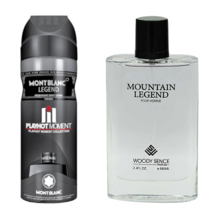 پک هدیه 2 عددی شامل اسپری پلی هات مومنت مدل Mont Blanc Legend و ادوپرفیوم وودی سنس مدل Mountain Legend