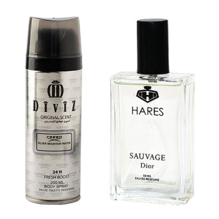 پک هدیه روز مرد 2 عددی شامل اسپری بدن مدل Creed Silver Mountain Water و ادوپرفیوم مدل Dior Sauvage حارث