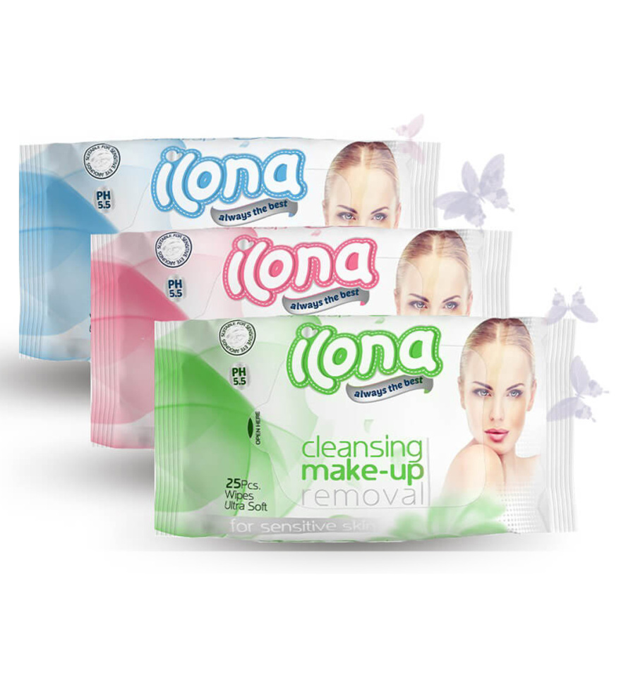 دستمال مرطوب پاک کننده آرایش مخصوص پوست های حساس بسته 25 عددی ایلونا