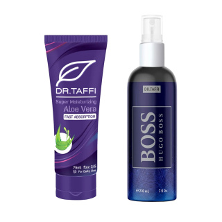 پک 2 عددی کرم آبرسان حاوی Aloevera ورا حجم 75 میلی لیتر و بادی اسپلش مردانه مدل Hugoboos مجموعه حجم 210 میلی لیتر دکتر تافی