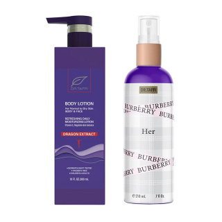 پک 2 عددی لوسیون بدن حاوی عصاره دراگون فروت حجم 300 میلی لیتر و بادی اسپلش زنانه مدل BURBERRY HER حجم 210 میلی لیتر دکتر تافی