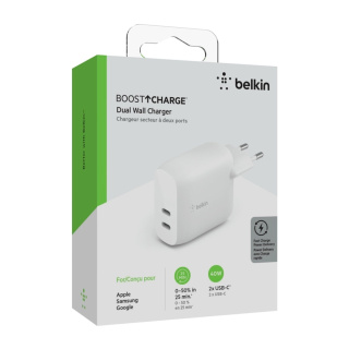 شارژر دیواری شارژ سریع دو پورت USB-C 40 وات بلکین مدل WCB006vfWH - 01