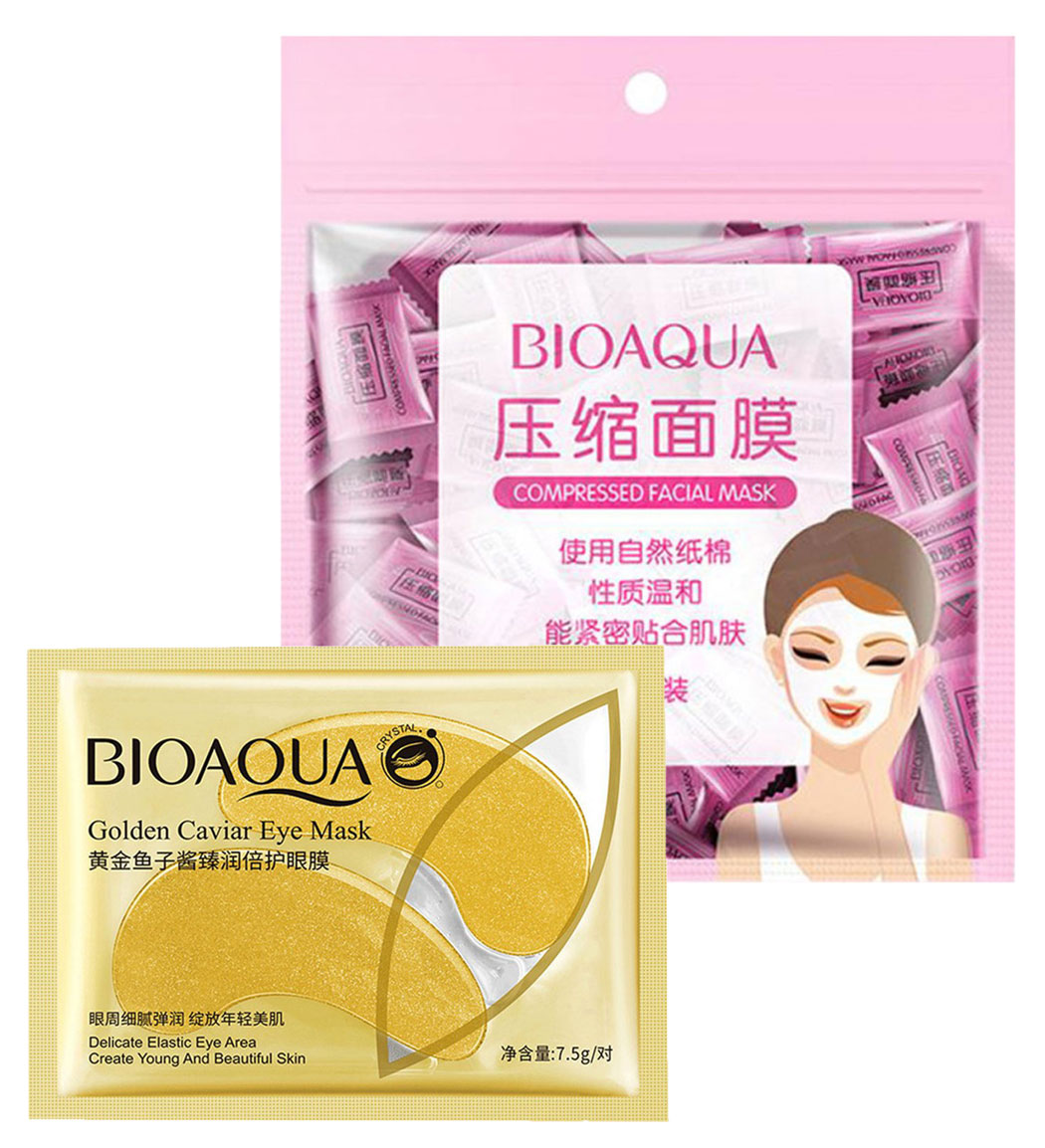 قرص ماسک صورت 50 عددی و ماسک ورقه ای زیر چشم بیوآکوا مدل خاویار طلایی