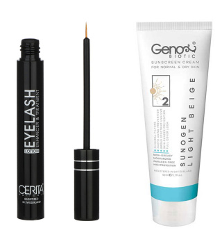 پک محلول تقویت کننده مژه سریتا و ضد آفتاب رنگی مناسب پوست خشک SPF50 رنگ بژ روشن سریتا