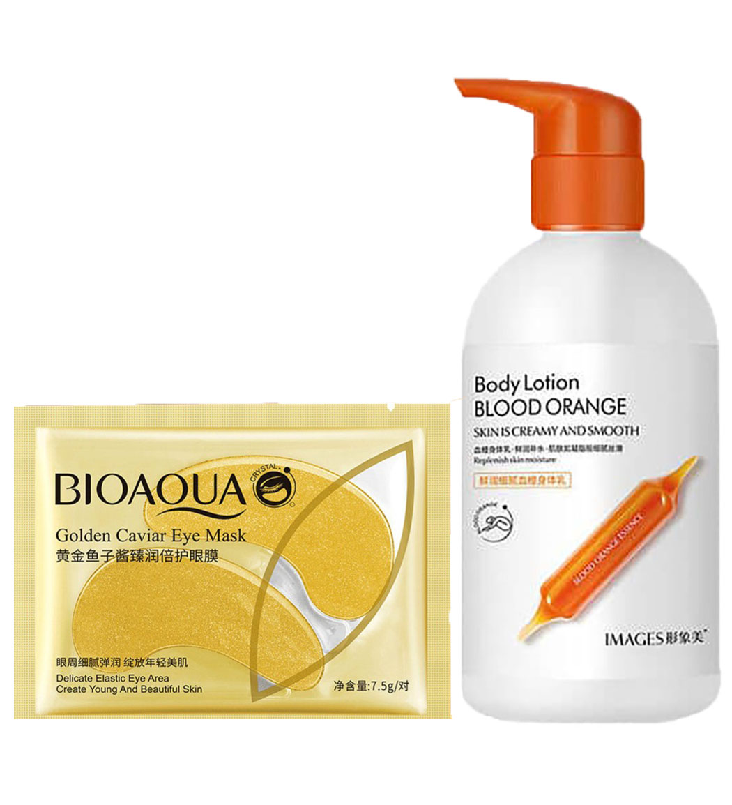 لوسیون بدن بیوآکوا مدل پرتقال خونی همراه ماسک ورقهای زیر چشم خاویار