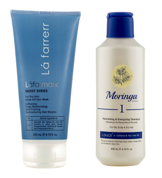 پک شامپو ضدموخوره آبرسان و ترمیم کننده موهای شکننده شماره 1حجم 200میل مورینگا و ماسک مو موهای خشک مورینگا